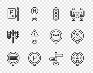 Fototapeta premium Set line Railroad crossing, Road traffic sign, Traffic light, Parking, Exclamation mark triangle, and warning rockfall icon. Vector