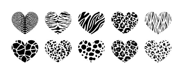 Wild safari animal print textured heart set. Vector hearts with leopard, cheetah, tiger, giraffe, zebra, snake skin pattern for fashion print design, backgrounds, fabric. Black and white collection