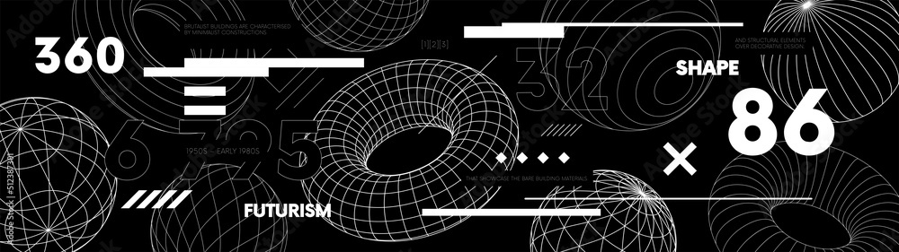 Poster Retro futuristic web banner design with strange wireframes of geometric shapes modern design inspired by brutalism, Vector trendy elements in vaporwave style from 80s-90s
