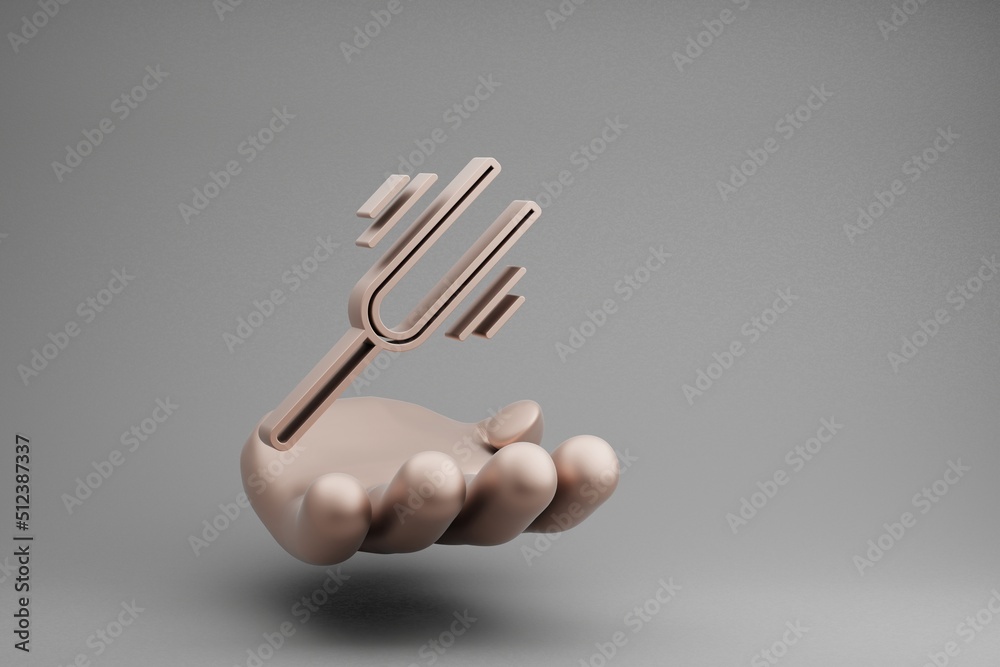 Poster beautiful abstract illustrations golden hand holding musical tuning fork vibrating symbol icon on a 