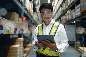 Portrait of a happy Asian man factory manager using a digital tablet in a warehouse. Inspecting goods and materials on shelves with inventory background logistics and export
