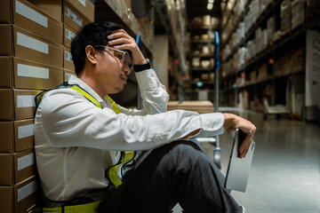 A stressed male manager or worker sits leaning against a box holding a tablet and in a warehouse....