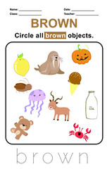 Brown color worksheet. Circle all brown objects. Handwriting practice for kids. Education about color. Vector illustration file.
