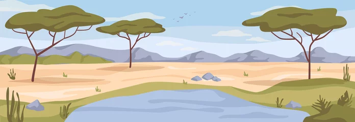 Tuinposter Wilderness in Africa, African savannah landscape with trees, ecological protection area. Wildlife park nature reserve arid field. Flat cartoon, vector illustration © Sensvector