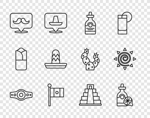 Set line Wrestling championship belt, Tequila bottle with lemon, Mexico flag, Mustache, Mexican sombrero, Chichen Itza Mayan and Sun icon. Vector
