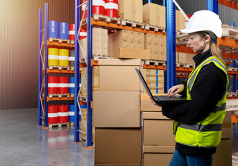 Warehouse worker for manufacturing company. Woman in factory warehouse. Logistics center of...