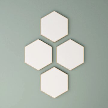 Mockup of four hexagonal frames on a green wall. 3d rendering, interior design, 3d illustration