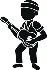 Black and White Cartoon Illustration Vector of a Male Samba Carnival Festival Dancer Playing Guitar