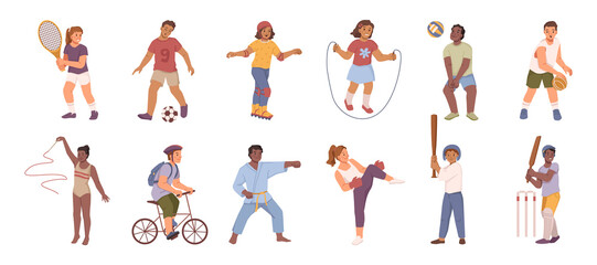 Fototapeta Happy children playing sport game, characters doing physical exercises. Vector boys and girls playing tennis, football, riding bike and play basketball. Taekwondo and boxing, cricket and gymnastics obraz