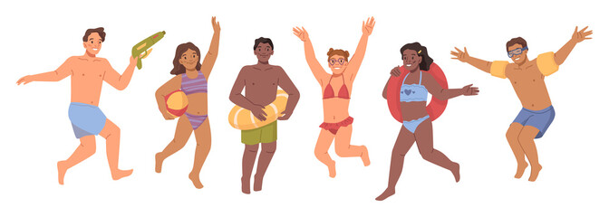 Kids jumping in swimwear set, outdoor party, flat cartoon characters. Boys and girls with inflatable circle on vacation day. Happy active child having fun. Summer resort beach scene vector