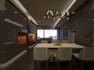 3D Rendering of luxury living and dining in apartment