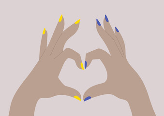 Support Ukraine, two hands form a heart sign with their fingers