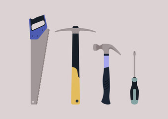 A hardware toolkit, a picker, a handsaw, a hammer, and a screwdriver