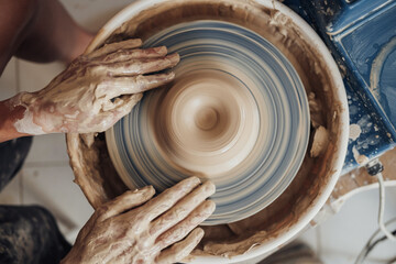 Flat Lay of Potter Master at Work in Clay Studio, Handmade Process of Creating Pot on a Pottery...