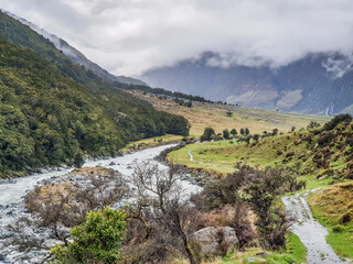 mountain river in the valley Rob Roy Track New Zealand