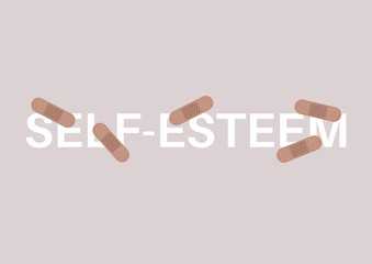A self-esteem sign covered with adhesive plasters, acceptance and recovery
