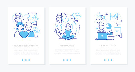 Healthy relationships and self-care - line design style banners set