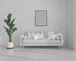 3d render. White minimalist living room with white sofa and green plant. Scandinavian interior design. 3D illustration