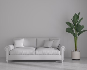 3d render. White minimalist living room with white sofa and green plant. Scandinavian interior design. 3D illustration