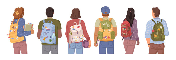 College or university students with backpacks on their way to school. Vector rear view of flat cartoon boys and girls characters with rucksacks, males and females in casual cloth