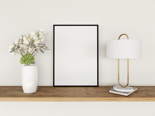 Vertical frame mockup with ornamental plant and table lamp. 3d rendering, interior design, 3d illustration