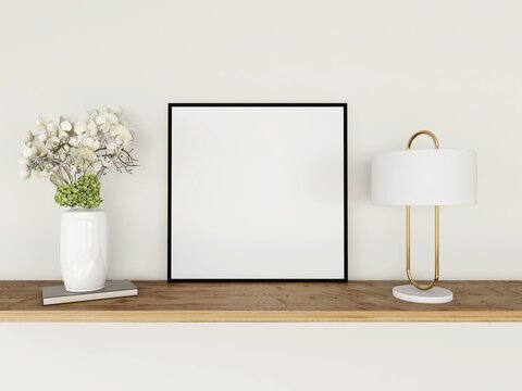 Mockup de marco cuadrado con planta ornamental y lampara de mesa. renderizado 3d, diseño de interiores, ilustración 3d