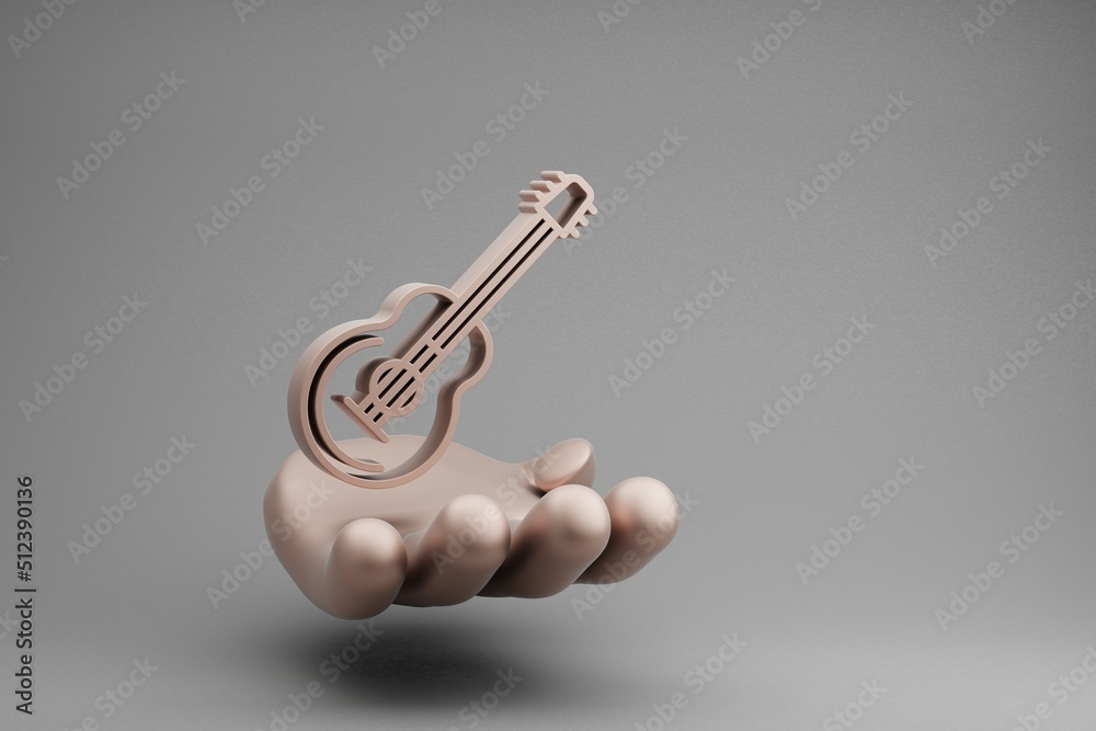 Poster beautiful abstract illustrations golden hand holding musical jazz guitar symbol icon on a gray backg