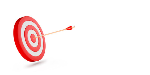 Illustration of a 3d target board with an arrow stuck in the middle. Business and career concept visual with a text space on the edge.