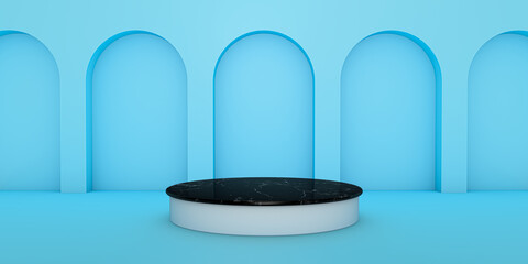 Blue 3d background product display black marble podium scene with modern and minimalist platform. 3d rendering background with podium. product display stand. 3d stage showcase on pedestal.