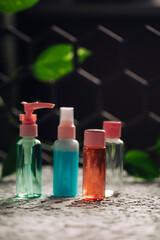 Home cosmetics in plastic bottles. Brand mock. Organic natural cosmetics for skin and hair care 