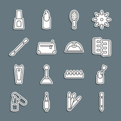 Set line Cuticle pusher, Milling cutter for manicure, Toe separator pedicure, Nail file, Cosmetic bag, Bottle of nail polish and Manicure lamp icon. Vector