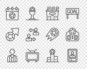 Set line Football or soccer referee, card, stadium, match on TV, calendar, Substitution football player, Award over sports winner podium and Sport mechanical scoreboard icon. Vector