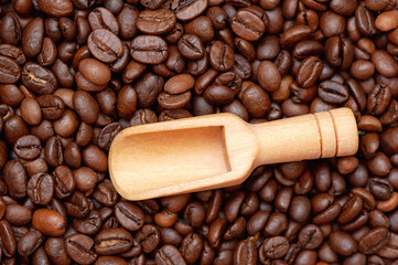 Obraz premium Empty scoop on the background of coffee beans
