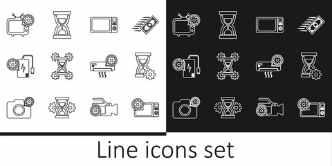 Set line Microwave oven setting, Hourglass, Power bank, Tv, Air conditioner and Old hourglass with sand icon. Vector
