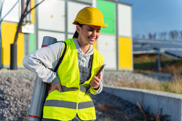 Upset woman worker in uniform suffering from backache during her work. Unhappy female standing at the solar panels field, feeling discomfort because of pain in back