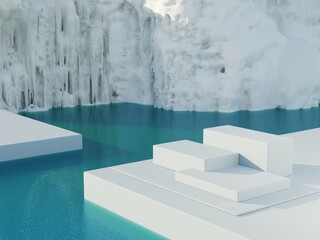 Abstract empty mockup step product display platform on sea water surface and ice cliff for product presentation 3D rendering illustration