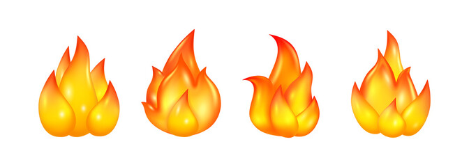 Fire 3D realistic icons set. Vector burning campfire flame, bonfire sparkles illustration. Orange and yellow blaming fire, flammable object sign, inferno ignition