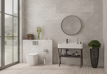 3d illustration. Stylish bathroom interior with marble walls, wooden floor, toilet, panoramic windows overlooking the forest. 3d render.