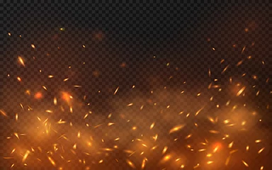 Fotobehang Fire sparks background on transparent. Vector hot sparks, embers burning cinder and smoke flying in air. Realistic heat effect with glow and sparks from bonfire. Flying up fiery particles © Sensvector