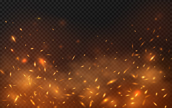 Fire sparks background on transparent. Vector hot sparks, embers burning cinder and smoke flying in air. Realistic heat effect with glow and sparks from bonfire. Flying up fiery particles