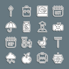 Set line Hive for bees, Garden rake, Pumpkin, Herbarium, Jam jar, Umbrella, Honey dipper stick and Graduate and graduation cap icon. Vector