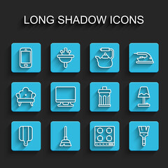 Set line Cutting board, Handle broom, Mobile phone, Gas stove, Paint brush, Smart Tv, Table lamp and Trash can icon. Vector