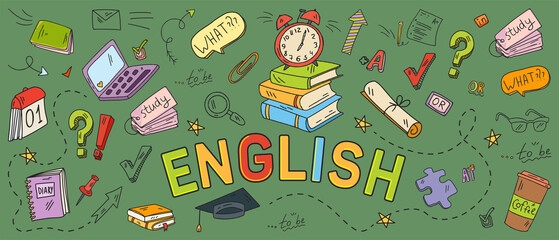 English language learning concept vector illustration. Doodle of foreign language education course for home online training study.