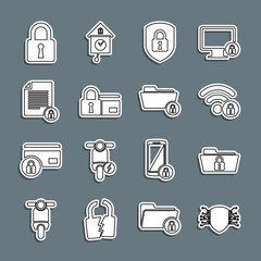 Set line Cyber security, Folder and lock, Wifi locked, Shield with, Credit card, Document, Lock and icon. Vector
