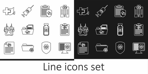 Set line Clinical record pet on monitor, Medical veterinary folder, Paw print, Veterinary clinic, Pets vial medical and Syringe with vaccine icon. Vector