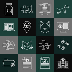 Set line Veterinary medicine hospital, Paw print, Clinical record pet on monitor, Location veterinary, dog laptop, Cat bottle and Dog icon. Vector