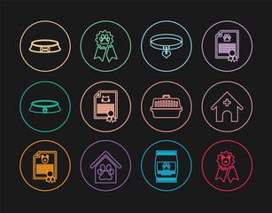 Set line Dog award symbol, Veterinary medicine hospital, Collar and heart, Certificate for dog or cat, Pet food bowl, carry case and icon. Vector