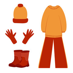 Collection of bright autumn clothes isolated on white background. Vector illustration.