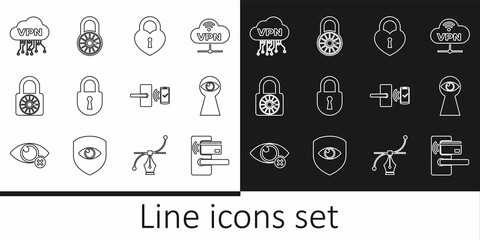 Set line Digital door lock with wireless, Keyhole eye, Castle in the shape of heart, Lock, Safe combination wheel, Cloud VPN interface, and icon. Vector