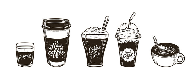 Lovely hand drawn coffee elements with nice toppings and cute mugs - vector design
